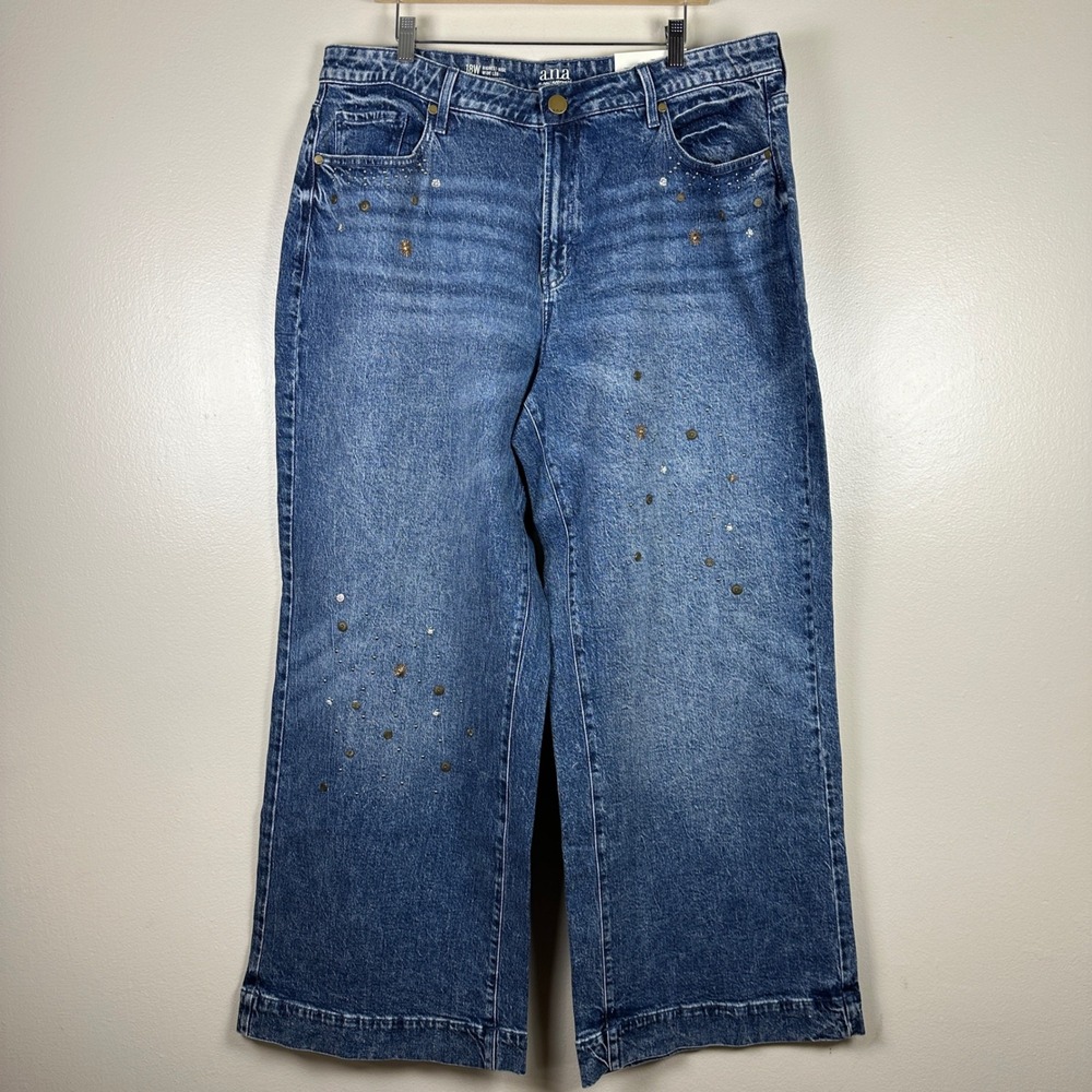 a.n.a Women's 18W Wide Leg Jeans Blue Studded Highest Rise Medium Charm Y2K NEW